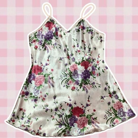 Pink Floral Satin Cottagecore Fairycore Nymphet Fairy Slip Dress Size Large - Picture 1 of 14